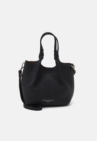 Black leather handbag with a textured finish, featuring two short handles and a removable shoulder strap. Subtle brand logo at the base.