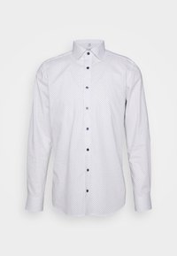Cămașă albă cu mânecă lungă, cu buline mici de culoare bleumarin, nasturi albaștri, guler clasic și țesătură netedă. Potrivită pentru ținute casual sau formale.
