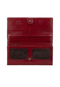 Portafoglio in pelle rossa con chiusura a scatto, numerosi vani per carte, un comparto con zip e due tasche trasparenti per documenti. Texture liscia.