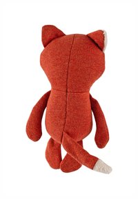 Red fabric stuffed toy in fox shape with pointy ears, a white-tipped tail, and stitched detailing on the back. Smooth texture.