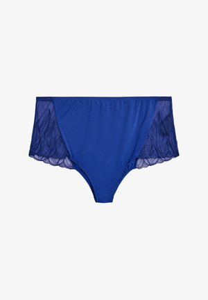 Blue brief with a smooth front and sheer lace side panels featuring a scalloped design. Soft fabric with elastic waistband.