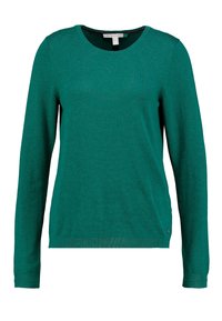 Pull en maille vert à manches longues avec un col rond, des poignets et un ourlet côtelés. Texture douce, finition lisse et petit logo sur le bas à gauche.
