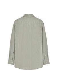 Camicia a maniche lunghe a quadri verdi e bianchi con colletto e polsini con bottoni; tessuto leggero; schiena con yoke e dettaglio piega.