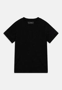 T-shirt noir à manches courtes en tissu de coton lisse ; avec un col rond et une coupe standard, sans éléments de design marquants.