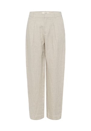 Pantalones de lino beige de cintura alta con pliegues delanteros, trabillas para cinturón y un corte recto y holgado.