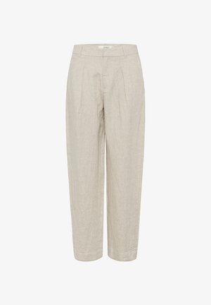 Beige Leinenhose mit hoher Taille, vorderen Falten, Gürtelschlaufen und locker sitzendem, gerade geschnittenem Bein.