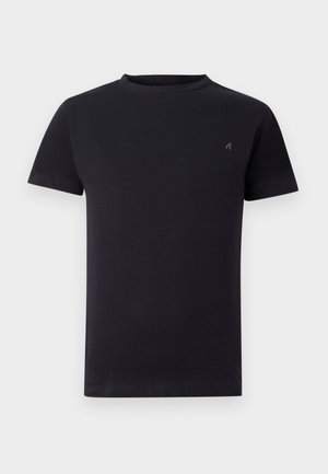 Tricou negru cu mânecă scurtă și guler rotund, cu un mic logo brodat pe pieptul stâng, design simplu, croială lejeră.