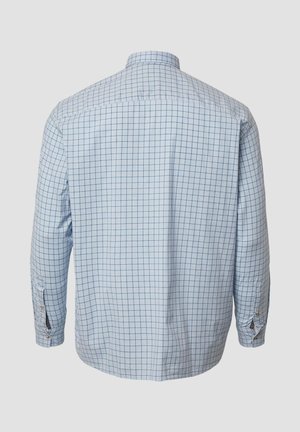 Light blue long-sleeve shirt featuring a checked pattern with contrasting blue lines, a standard collar, and buttoned cuffs.