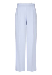 Lichtblauwe, hoge taille, wijde broek met een gladde textuur en zonder zichtbare patronen of hardware. Ontworpen voor een comfortabele pasvorm.