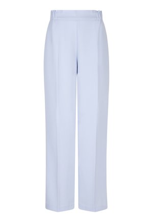 Lichtblauwe, hoge taille, wijde broek met een gladde textuur en zonder zichtbare patronen of hardware. Ontworpen voor een comfortabele pasvorm.