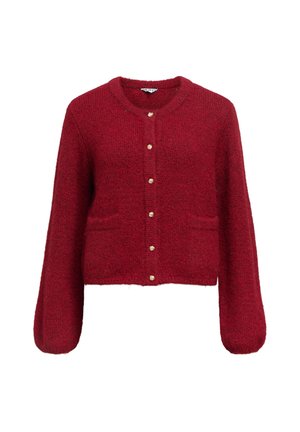 Red, cropped cardigan with long sleeves, made of soft, textured material. Features button closure with gold accents and two front pockets.