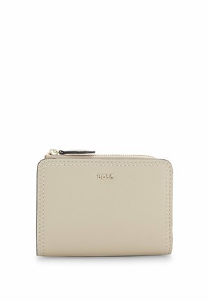 Beige leather wallet with gold embossed logo, zipper closure, and contrast stitching. Rectangular shape with smooth texture.