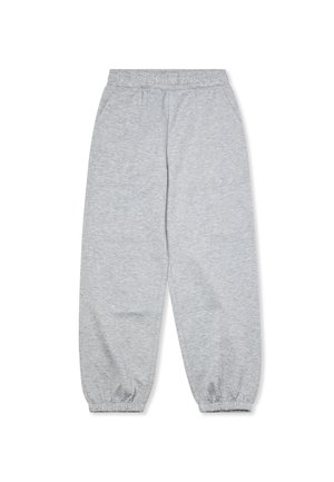 Pantaloni della tuta grigi realizzati in materiale morbido, con una vita elastica e caviglie affusolate. Texture liscia senza motivi visibili.
