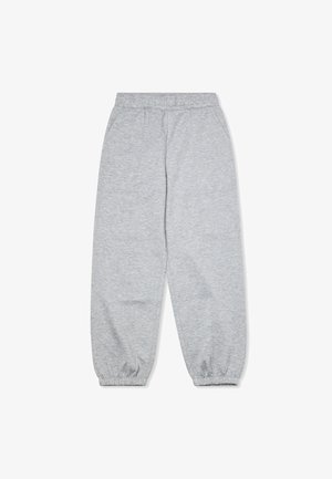 Pantaloni della tuta grigi realizzati in materiale morbido, con una vita elastica e caviglie affusolate. Texture liscia senza motivi visibili.