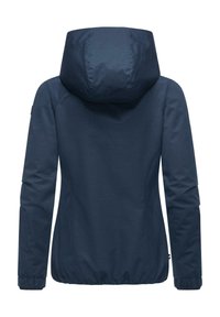 Veste légère bleu marine avec capuche, présentant une texture lisse, des poignets élastiques et une silhouette ajustée. Vue de dos.