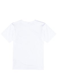 T-shirt bianca di cotone, maniche corte, collo rotondo, design semplice, texture morbida, senza motivi o loghi visibili sul retro.