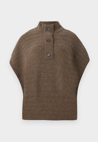 Pruunidest lõngadest koosnev poncho, millel on ribarelvise kõrge kaelus, kolm suurt nööpi ja tekstuuriga muster, välja pandud valgel taustal.