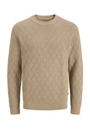 Beiger gestrickter Pullover mit Rautenmuster, geripptem rundem Ausschnitt, Bündchen und Saum, dargestellt auf einfarbigem Hintergrund.
