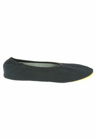 Schwarzes Ballettschuh aus Canvas mit abgerundetem Zehenbereich und einer hellbraunen Sohle. Verfügt über eine weiche Innenauskleidung und ein einfaches, nahtloses Design.