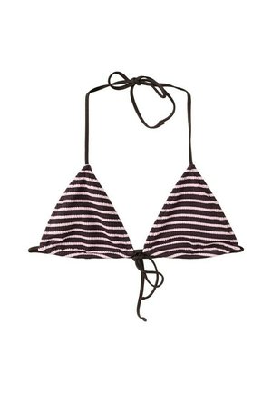 Top de bikini triunghi negru cu dungi roz deschis, cu bretele subțiri ajustabile la gât și la spate, pe un fundal alb.