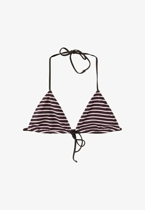 Haut de bikini triangle rayé noir et rose clair avec fines bretelles ajustables à nouer autour du cou et du dos sur fond blanc.