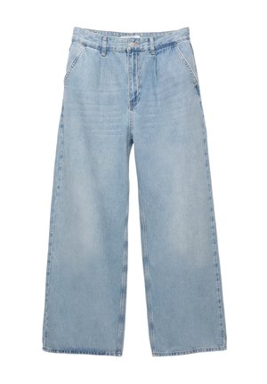 Jeans de denim de culoare albastru deschis, cu picioare largi, având talie înaltă, pliuri frontale și cusături tradiționale. Design clasic cu cinci buzunare.