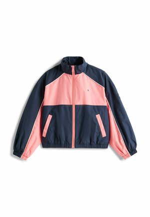 Giacca con zip a blocchi di colore blu navy e rosa, con polsini elasticizzati, collo alto e due tasche frontali.