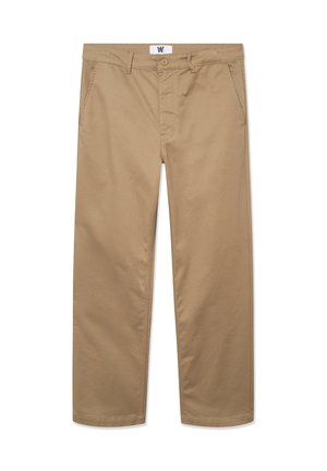 Pantalon en coton kaki avec une coupe droite, doté d'une fermeture à un bouton, de passants de ceinture et de deux poches latérales. Texture lisse.