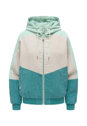 Hoodjakke i kordfløyel med fargeblokker i lyseblågrønn, krem og turkis, frontglidelås, hette med snor og elastiske mansjetter og nederst.