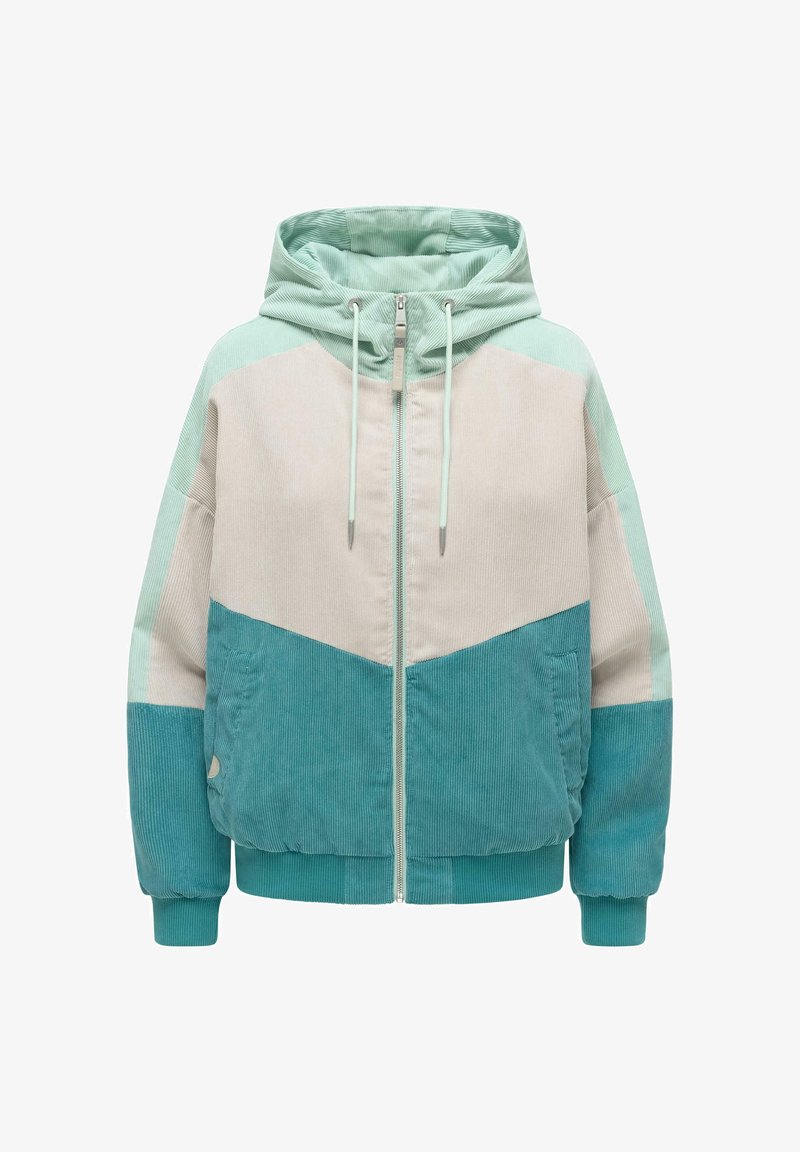Hoodjakke i kordfløyel med fargeblokker i lyseblågrønn, krem og turkis, frontglidelås, hette med snor og elastiske mansjetter og nederst.