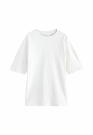 White cotton t-shirt with a round neck, drop shoulder short sleeves, and a relaxed fit. Smooth texture with no visible patterns.