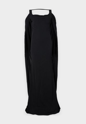 Schwarzes ärmelloses Kleid mit quadratischem Ausschnitt, das über drapierte Seiten und eine lange, fließende Silhouette verfügt, aus weichem, dehnbarem Stoff gefertigt.