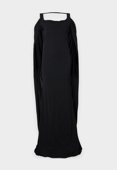 Black sleeveless dress with a square neckline, featuring draped sides and a long, flowing silhouette, made from soft, stretchy fabric.