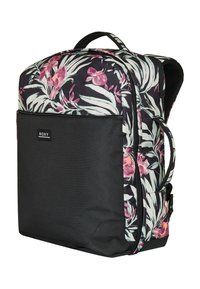 Rugzak met een bloemmotief featuring roze orchideeën en groene bladeren op een zwarte achtergrond. Zwarte basisstof, verstelbare schouderbanden, voorvak.