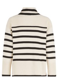 Gestreifter Strickpullover in Creme und Schwarz. Verfügt über einen hohen Kragen, horizontale Streifen und gerippte Bündchen. Strukturierter Stoff mit lockerer Passform.