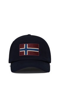 Mörkblå keps med en rektangulär Norge-flaggpatch i rött, vitt och blått; tillverkad av mjukt material med böjd skärm.