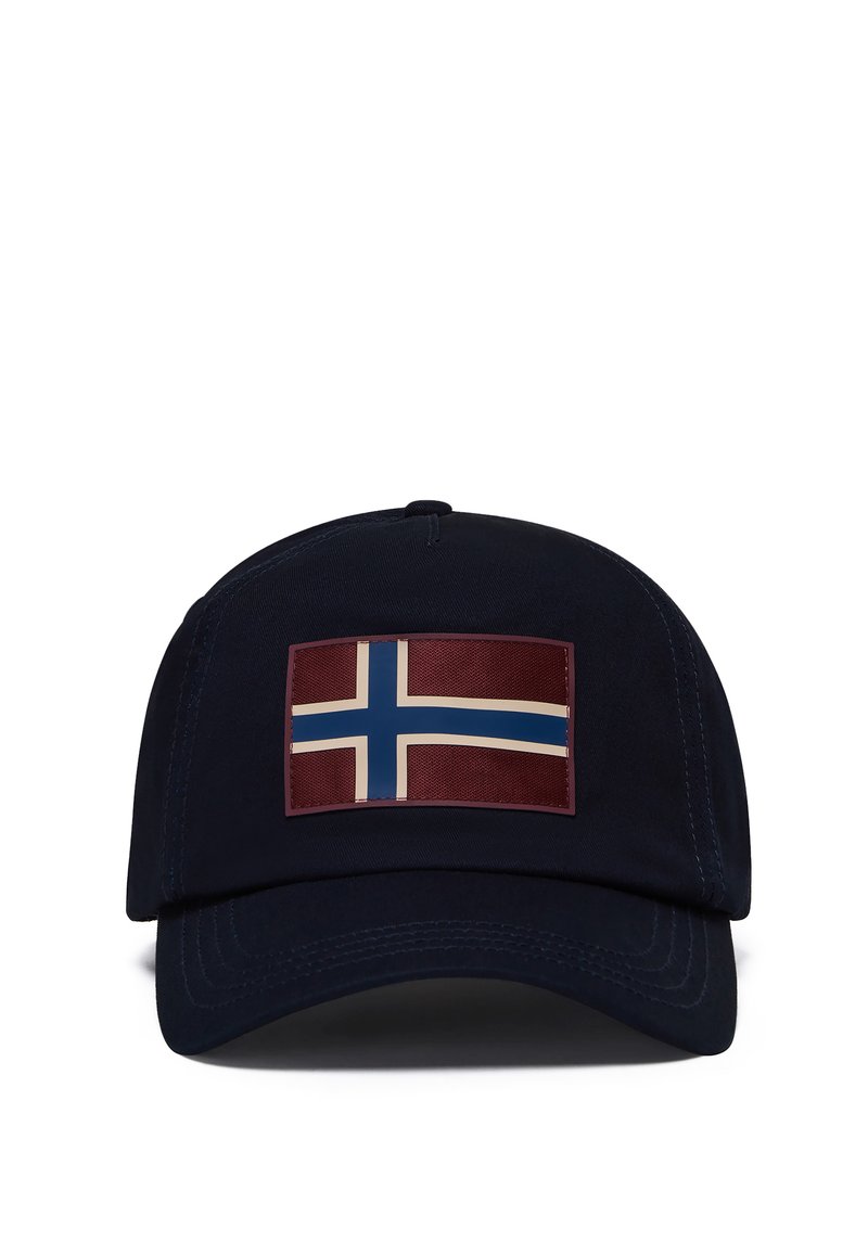 Mörkblå keps med en rektangulär Norge-flaggpatch i rött, vitt och blått; tillverkad av mjukt material med böjd skärm.