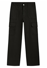 Mustat cargo-housut, jotka on valmistettu puuvillasta ja joissa on suora lahje, useita sivutaskuja sekä edessä nappikiinnitys.