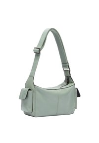 Sac à épaule en cuir vert clair, à forme rectangulaire, avec une sangle réglable, poche à rabat sur le côté, texture lisse, détails de couture contrastants.