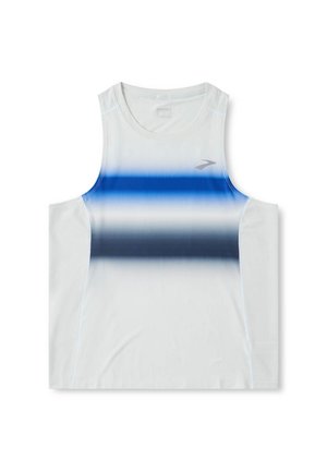 Débardeur de sport blanc avec des rayures horizontales en dégradé de bleu, encolure ronde, tissu respirant et détail de logo réfléchissant sur le devant.