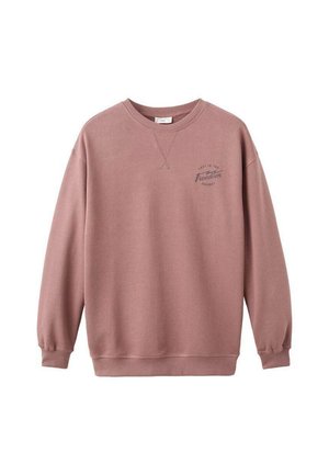 Roze katoenen sweatshirt met lange mouwen, ronde hals en geribde boorden. Heeft een subtiele grafische tekst op de voorzijde. Soepele textuur.