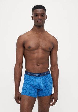 Blaue Boxershorts mit einem sich wiederholenden dunkelblauen "Levi's" Logo-Muster, ausgestattet mit einem kontrastierenden Bund und einer glatten, dehnbaren Textur.