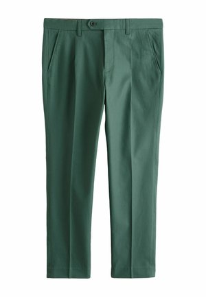 Pantaloni da uomo verdi su misura con passanti per cintura, tasche laterali, chiusura con bottoni e dettagli a piega frontale.