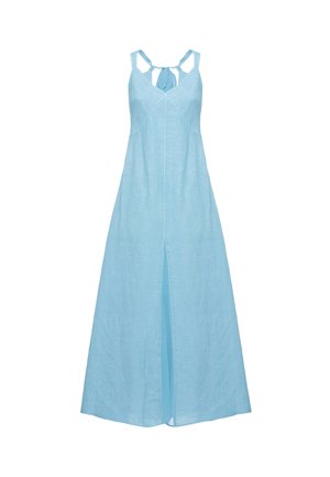 Vestito lungo celeste senza maniche con spacco frontale e dettaglio con laccio a occhiello sulla scollatura posteriore.