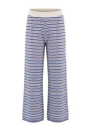 Gebreide broek met wijde pijpen met horizontale blauwe, witte en beige strepen en een elastische beige tailleband.