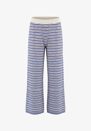 Strikkede bukser med vide ben med vandrette blå, hvide og beige striber og en elastisk beige talje.