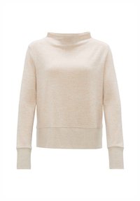 Light beige sweatshirt with a mock neck, long sleeves, and ribbed cuffs and hem. Made of soft, textured fabric with a relaxed fit.