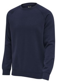 Granatowa bluza z okrągłym dekoltem, długimi rękawami, prążkowanymi ściągaczami na mankietach i u dołu, wykonana z miękkiego materiału do noszenia na co dzień.