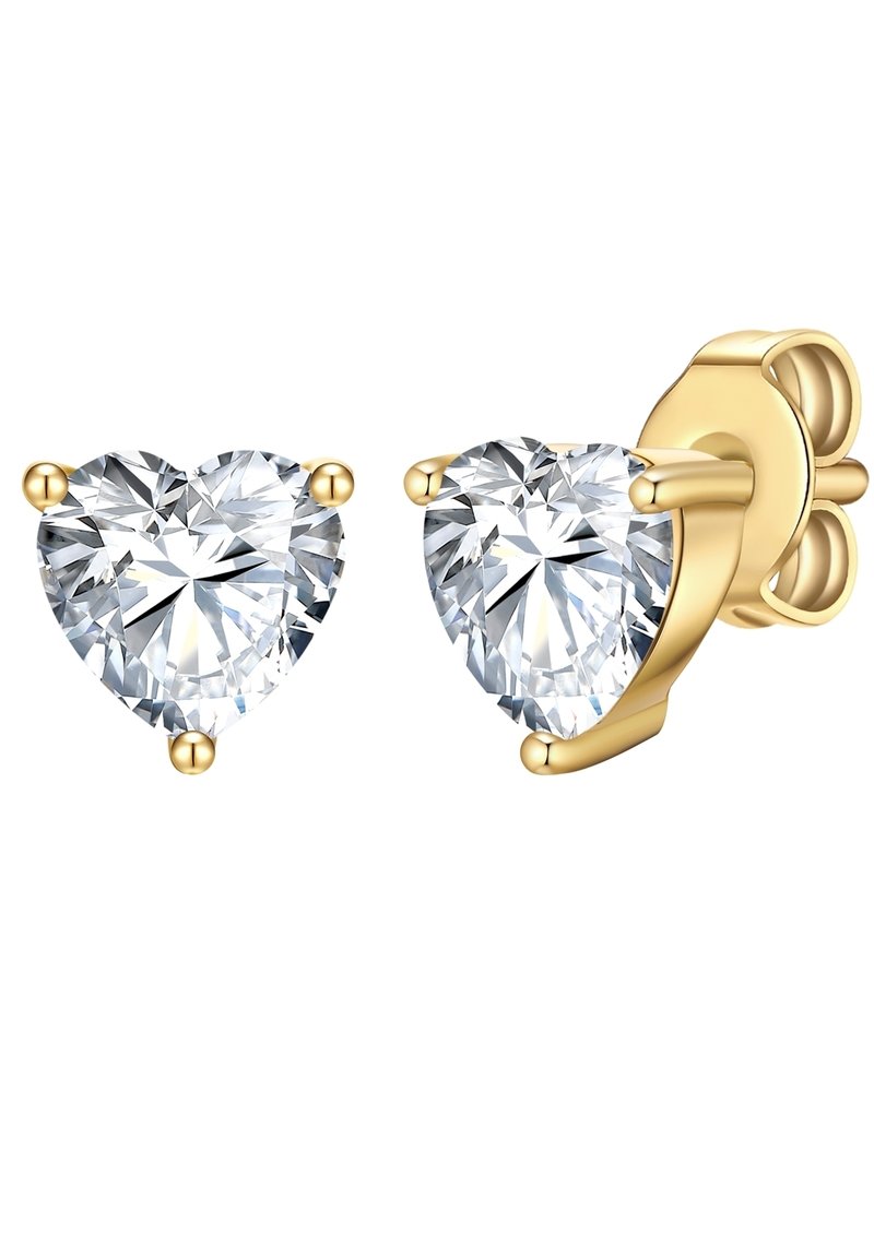 Guld hjärtformade studsörhängen med stora klara cubic zirconia-stenar, som har tre klorinställningar för säker fäste.