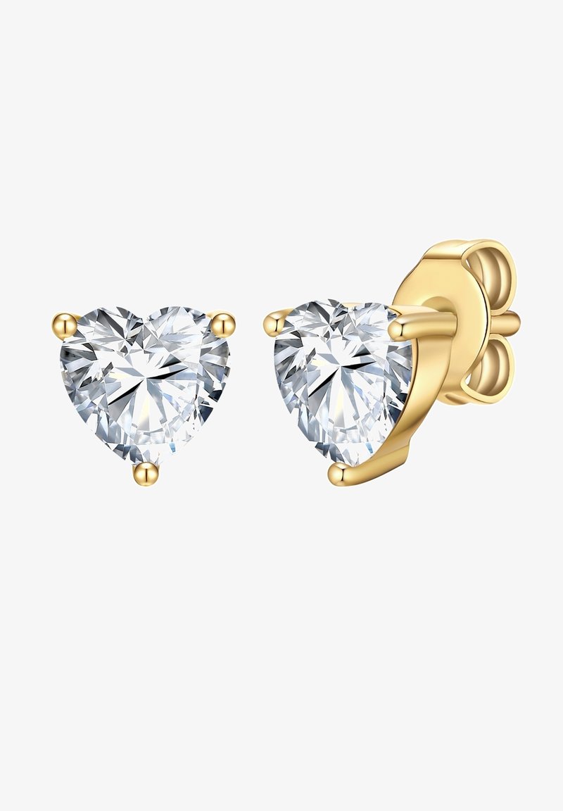 Auksinės širdelės formos auskarai su dideliais skaidriais kubiniais zirkoniais, turintys tris spaustuvus, užtikrinančius tvirtą pritvirtinimą.